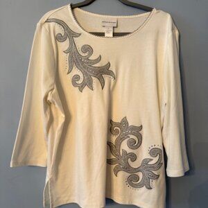 Alfred Dunner 3/4 Sleeve Top - White/Grey - Size XL